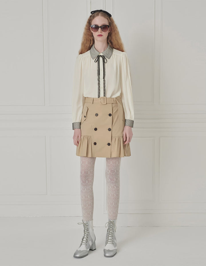 BORA AKSU Silk Mulberry Puff Sleeves Sweet Temperament Color Block Collar Blouse