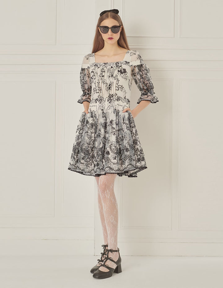 BORA AKSU Puff Sleeve Embroidered Mesh Print Dress