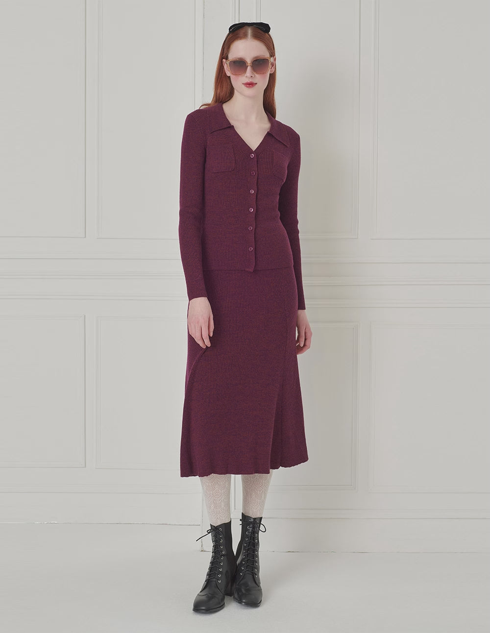 BORA AKSU Two-Tone A-Line Knee-length Knit Wool Skirt