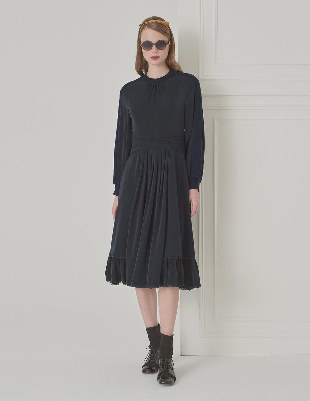 BORA AKSU French Puff Sleeve Elegant Pleated Knit Woven Dress