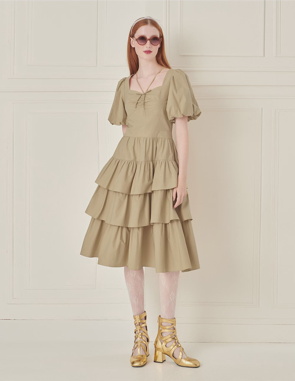 BORA AKSU Smocked Square Neck Lantern Sleeve Tiered Ruffle Dress