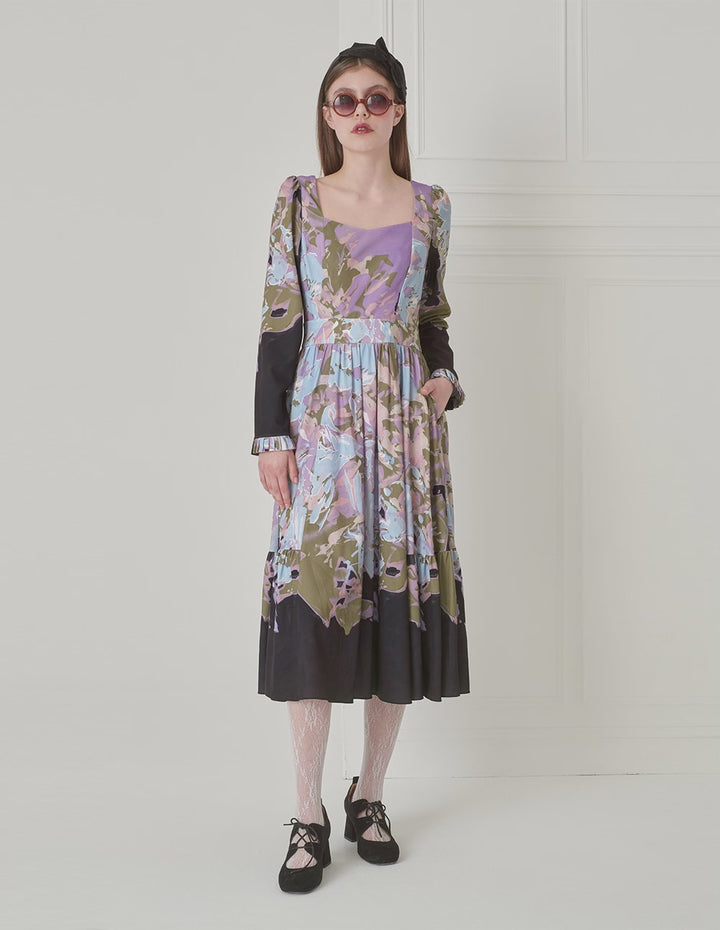 BORA AKSU French Vintage Diamond Collar Pleated Print Dress