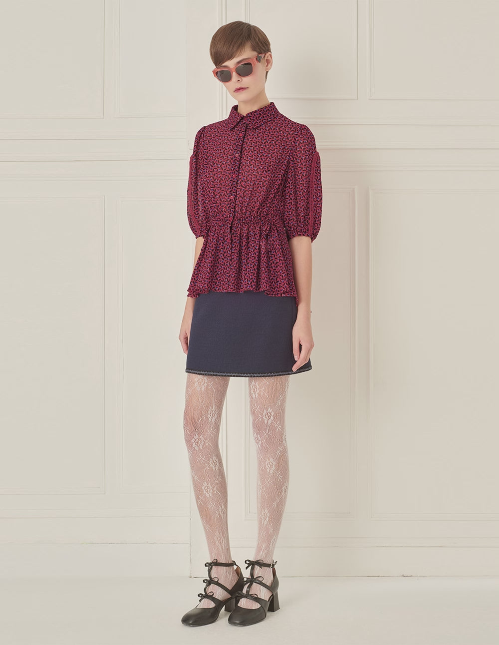 BORA AKSU French Puff Sleeves Smocked Waist Floral Blouse