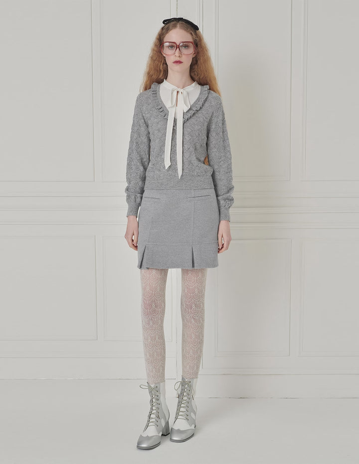 BORA AKSU Tie-Up Collar Ruffled Patchwork Knitted Sweater