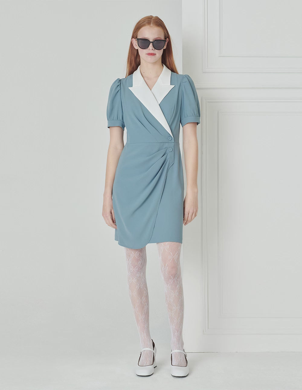 BORA AKSU Puff Sleeve Triacetate Blue And White Temperament Pleated Dress