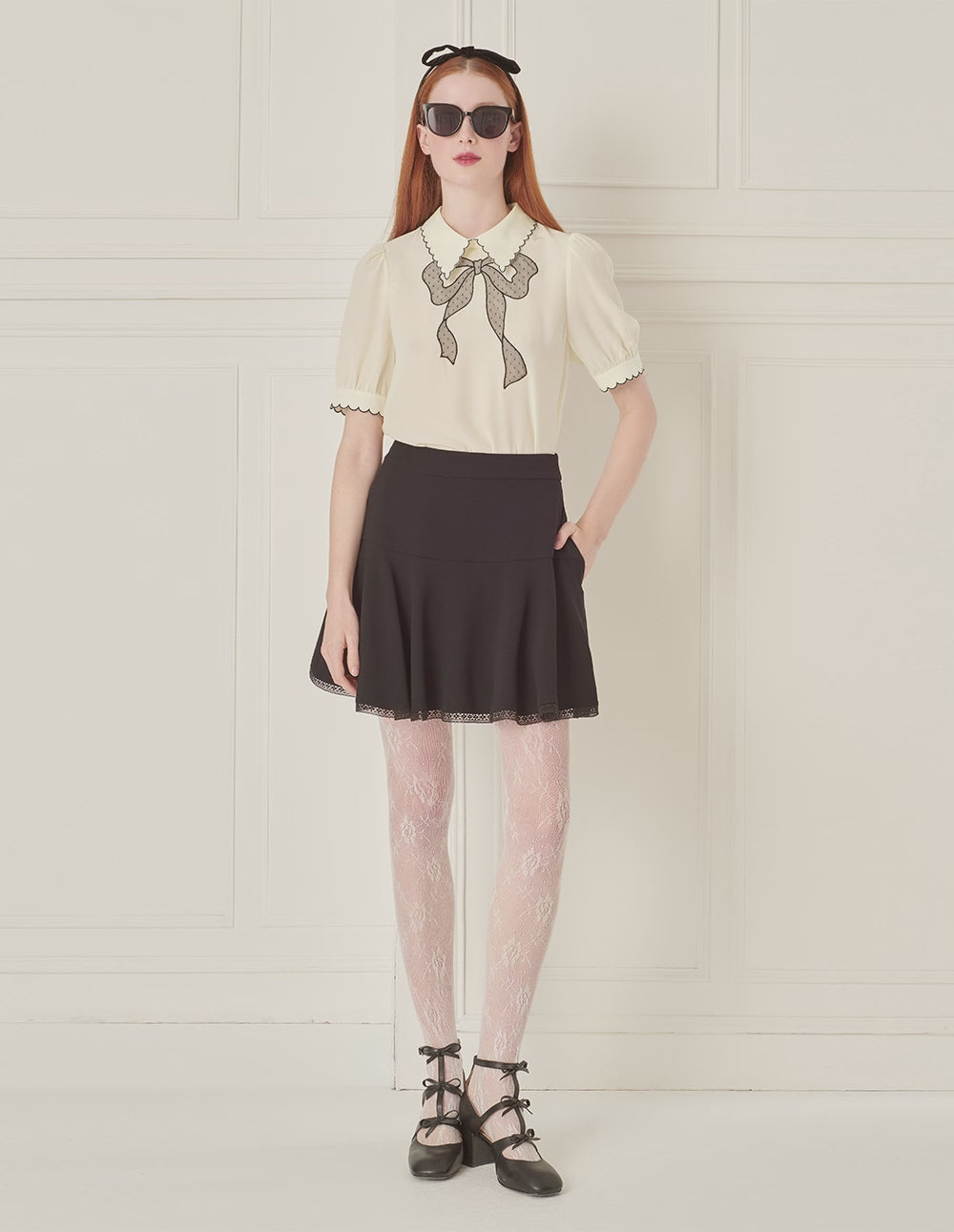 BORA AKSU Petal Collar Mesh Bow Embroidered Silk Blouse