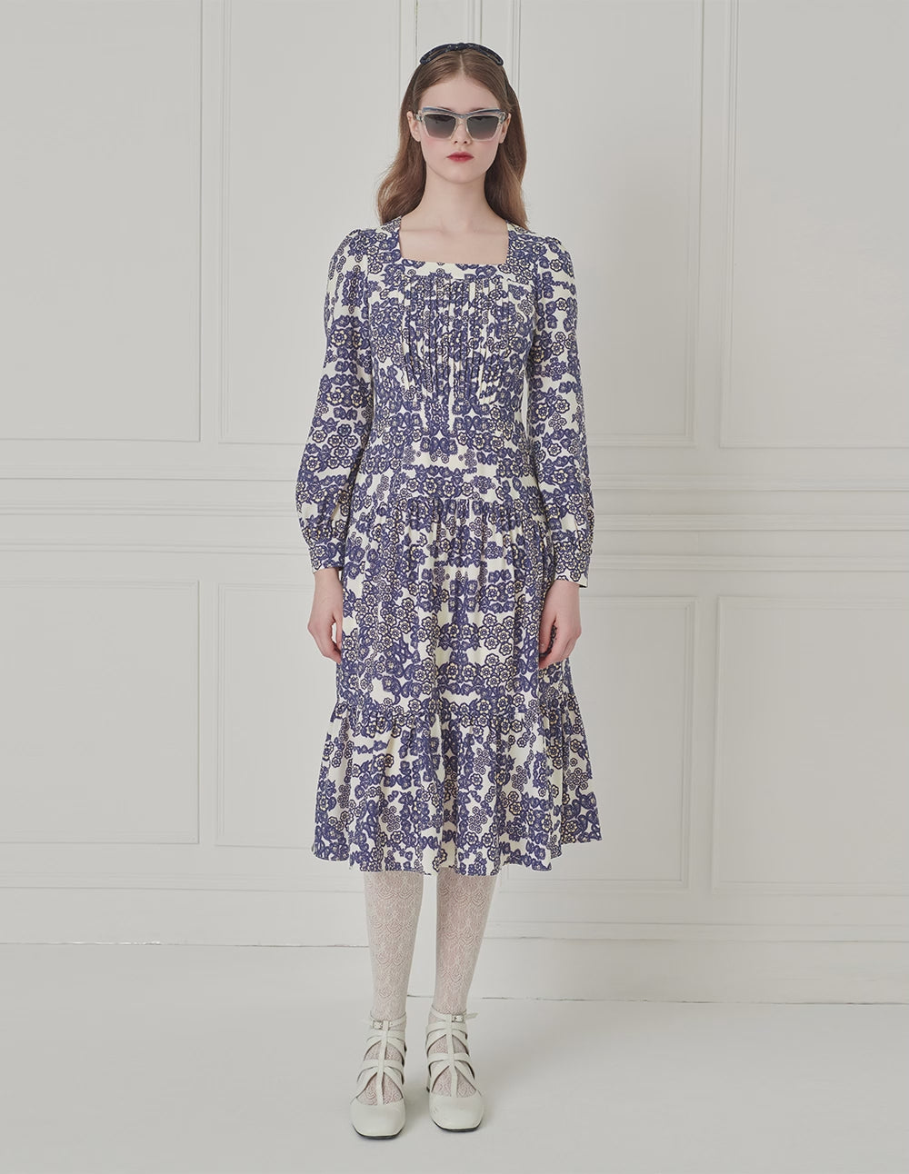 BORA AKSU Retro Square Neck Long Sleeve Pleated Printed Dress