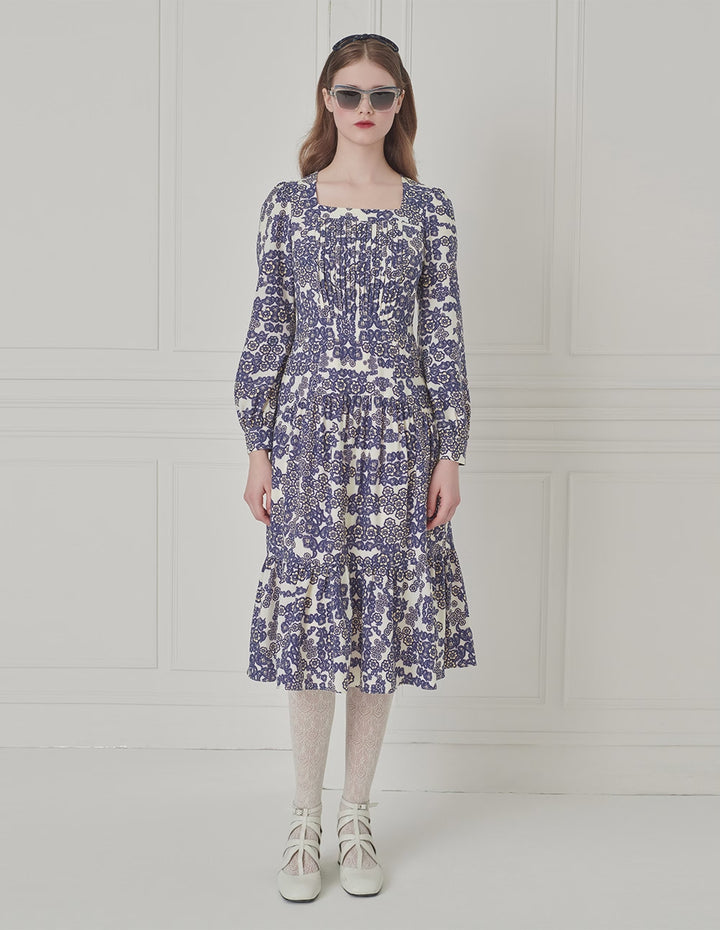 BORA AKSU Retro Square Neck Long Sleeve Pleated Printed Dress