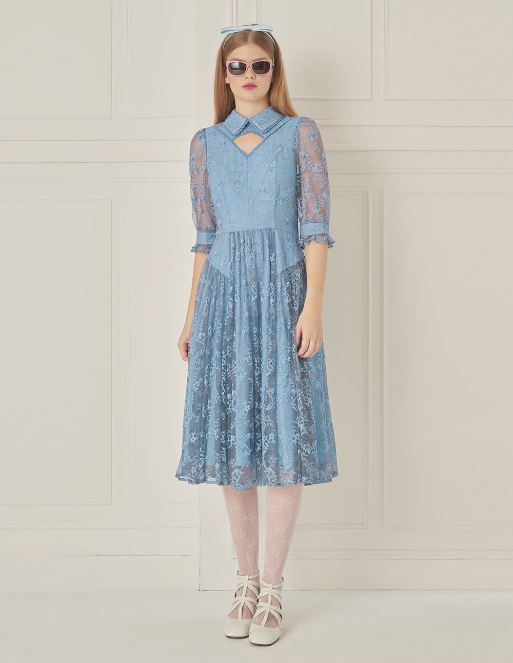 BORA AKSU French Puff Sleeve Shirt Collar Lace Pleated Dress