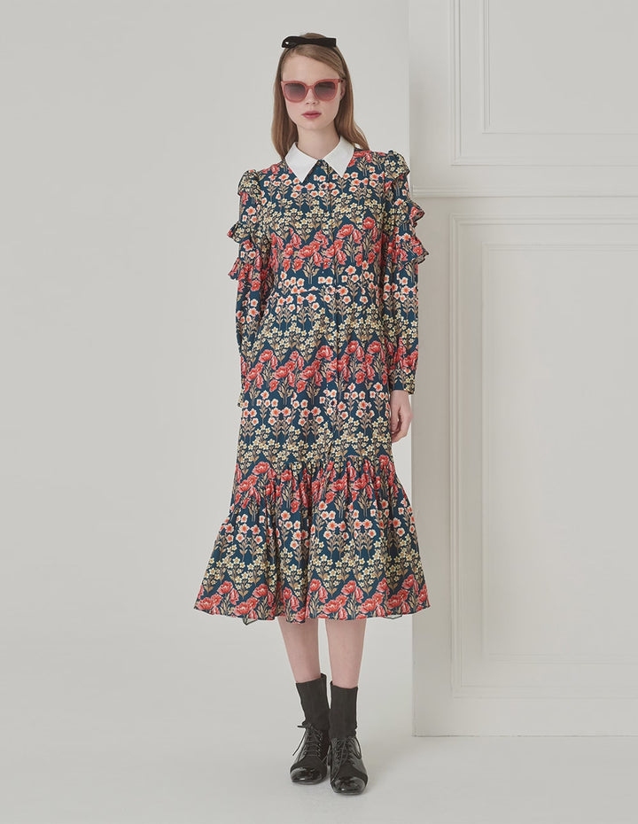 BORA AKSU Retro Lapel Puff Sleeve Fishtail Print Dress