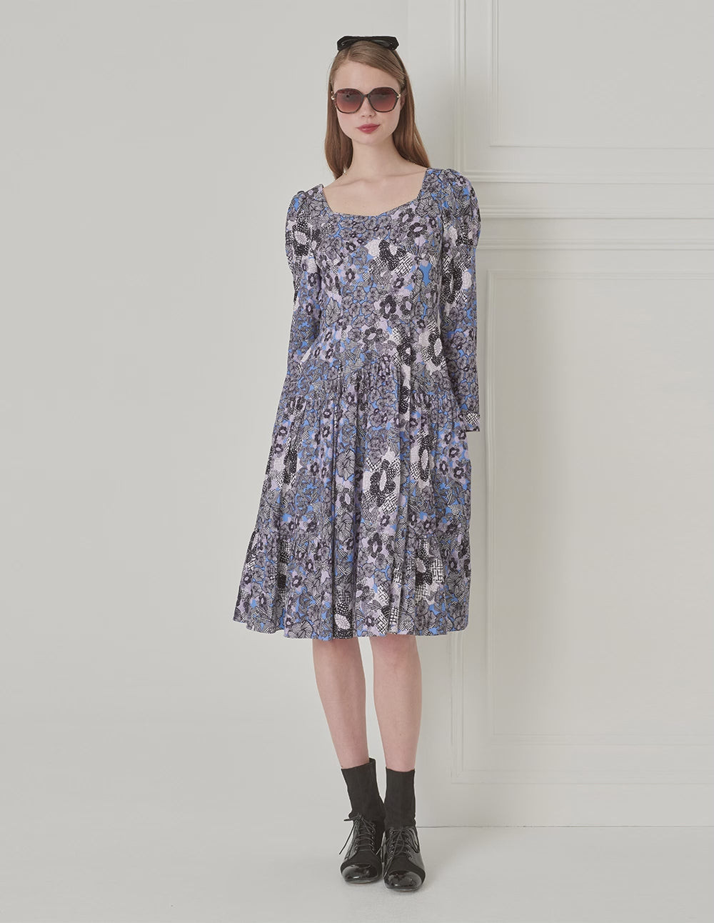 BORA AKSU Diamond Neck Print Pleated Neck Dress