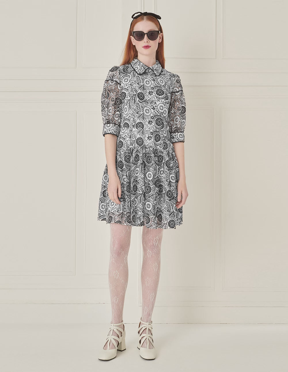 BORA AKSU Retro Puff Sleeve Black And White Lace Dress