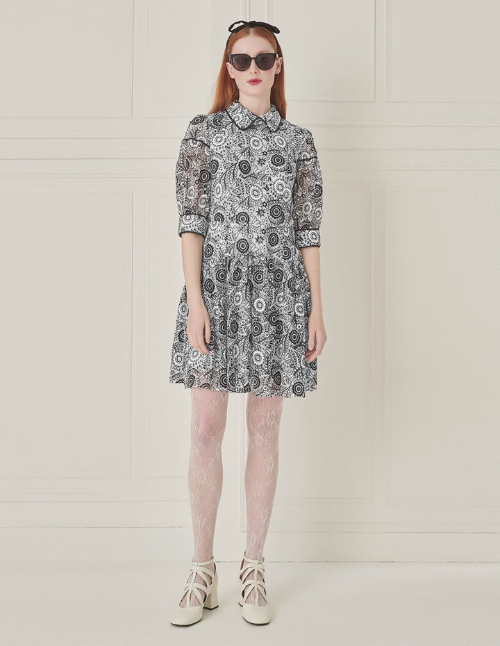 BORA AKSU Retro Puff Sleeve Black And White Lace Dress