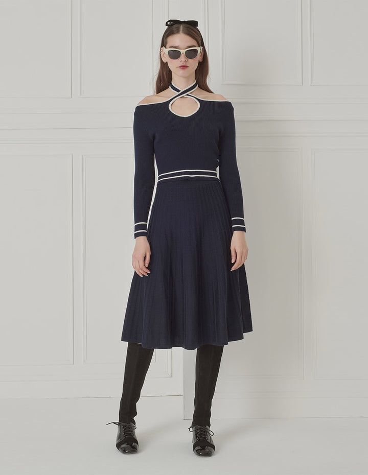 BORA AKSU Halterneck Off-The-Shoulder Blue And White Colourblock Wool Pullover