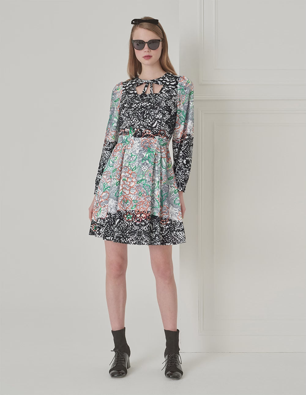 BORA AKSU Temperament Hollow Collar Puff Sleeve Lace Print Dress