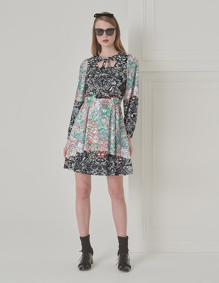 BORA AKSU Temperament Hollow Collar Puff Sleeve Lace Print Dress