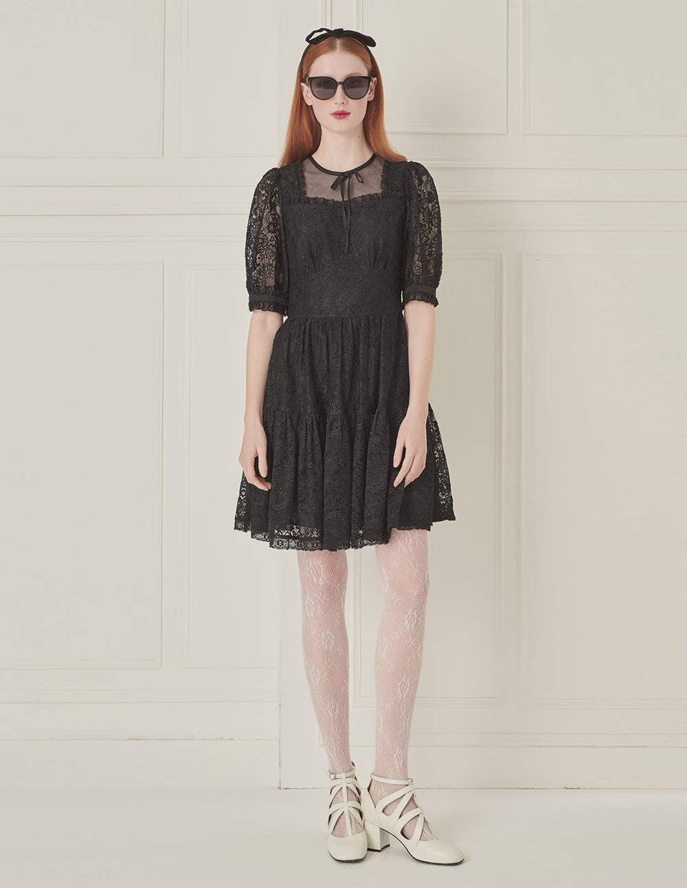 BORA AKSU Bow Tie Round Neck Puff Sleeve Lace Little Black Dress