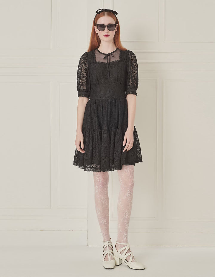 BORA AKSU Bow Tie Round Neck Puff Sleeve Lace Little Black Dress