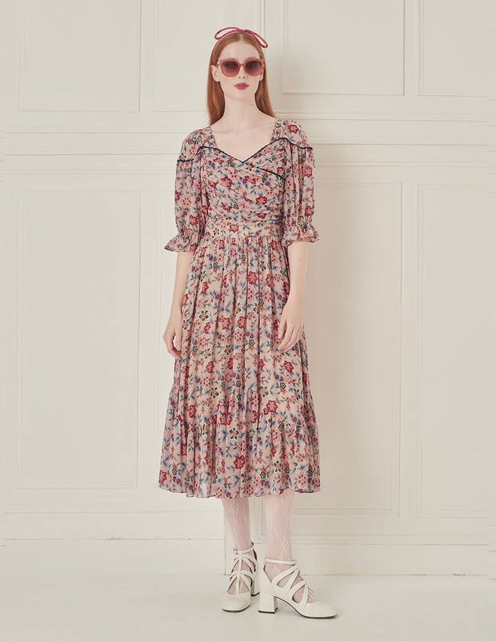 BORA AKSU French Retro Puff Sleeve Printed Dress