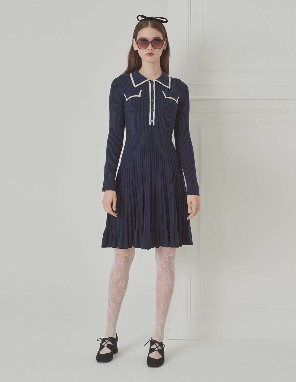 BORA AKSU Small Lapels Half-Front Pleated Wool Dress