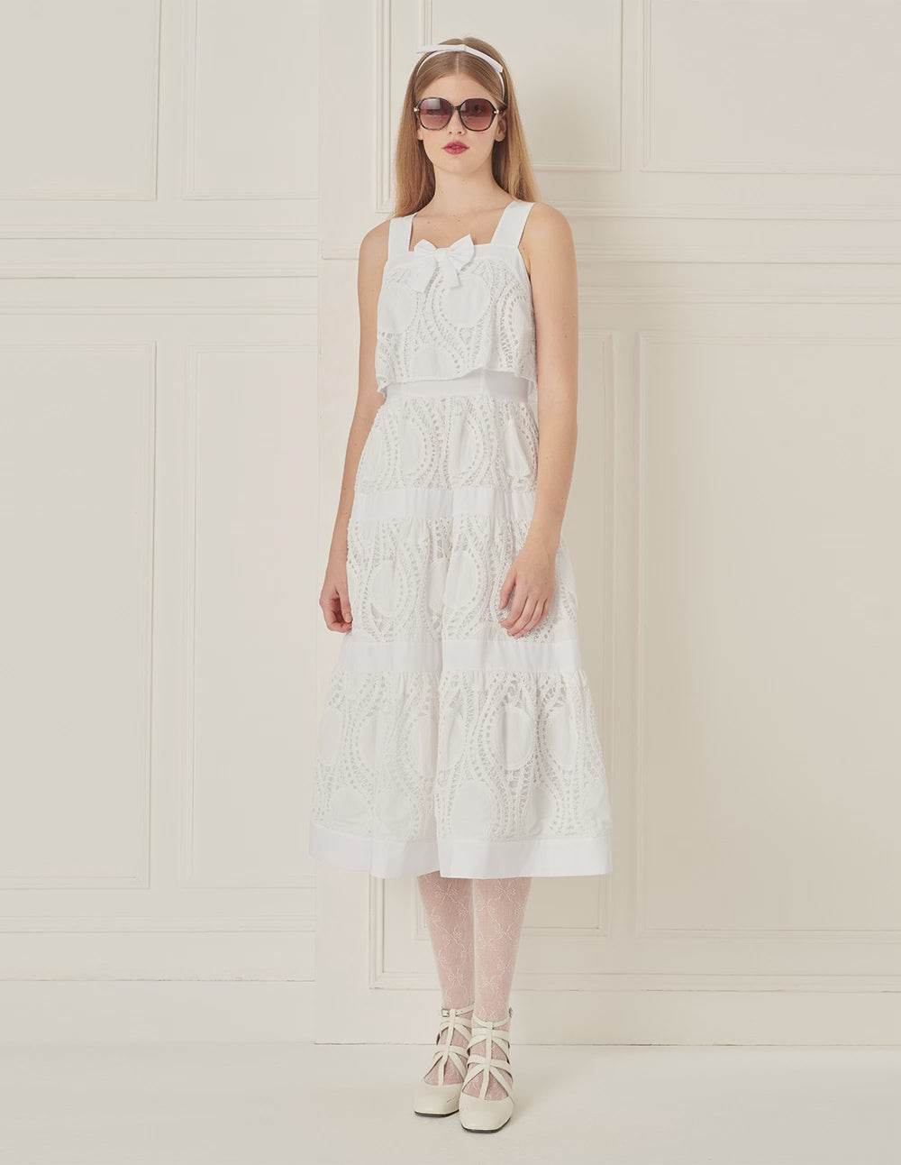 BORA AKSU Neck Bow Lace Patchwork Dress