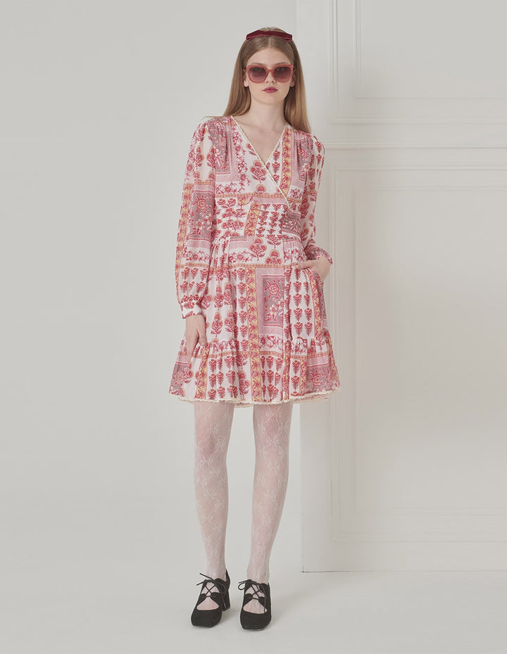 BORA AKSU French Puff Sleeve V-Neck Pleated Print Dress