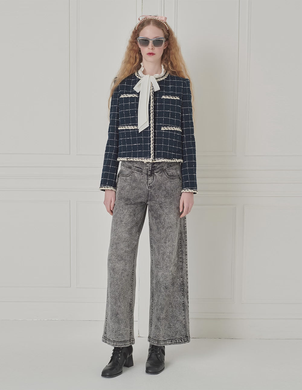 BORA AKSU Crew-Neck Long-Sleeve Stripe-Checkbox Trim Cropped Jacket