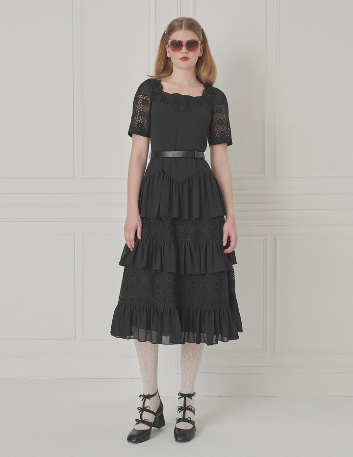 BORA AKSU Palace Style Classic Square Neck Lace Splicing Tiered Skirt Dress