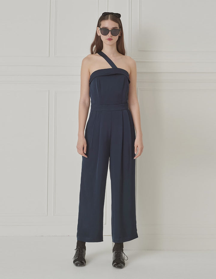 BORA AKSU Acetate Oblique Strap Strapless Navy Blue Jumpsuit