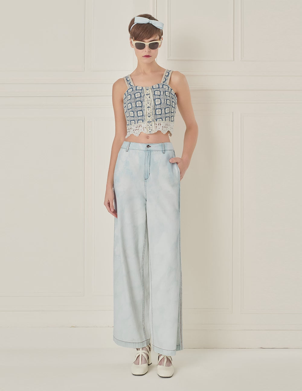 BORA AKSU Lace Patchwork Embroidered Denim Camisole