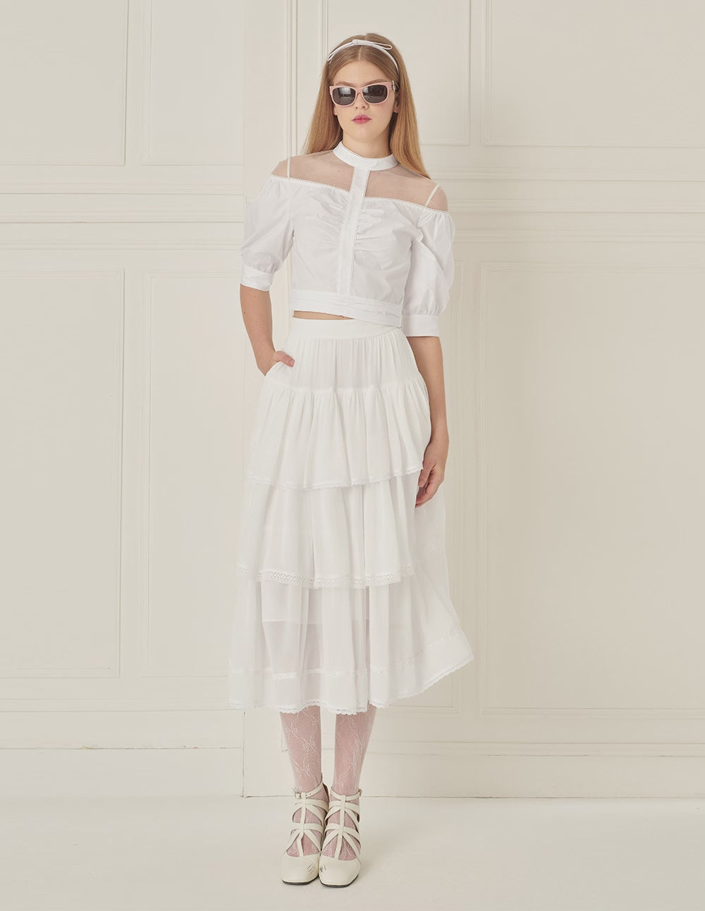 BORA AKSU Puff-Sleeved Mesh Pleated Top
