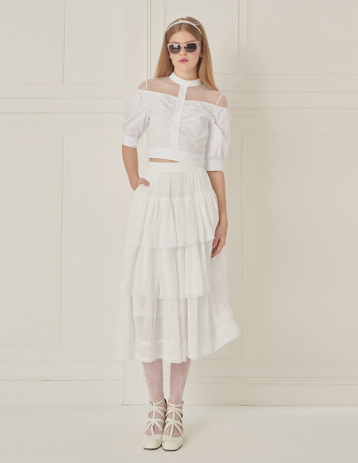 BORA AKSU Puff-Sleeved Mesh Pleated Top