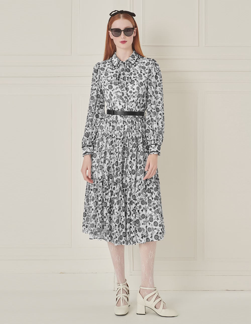 BORA AKSU Retro Lapel Puff Sleeve Printed Belt Dress