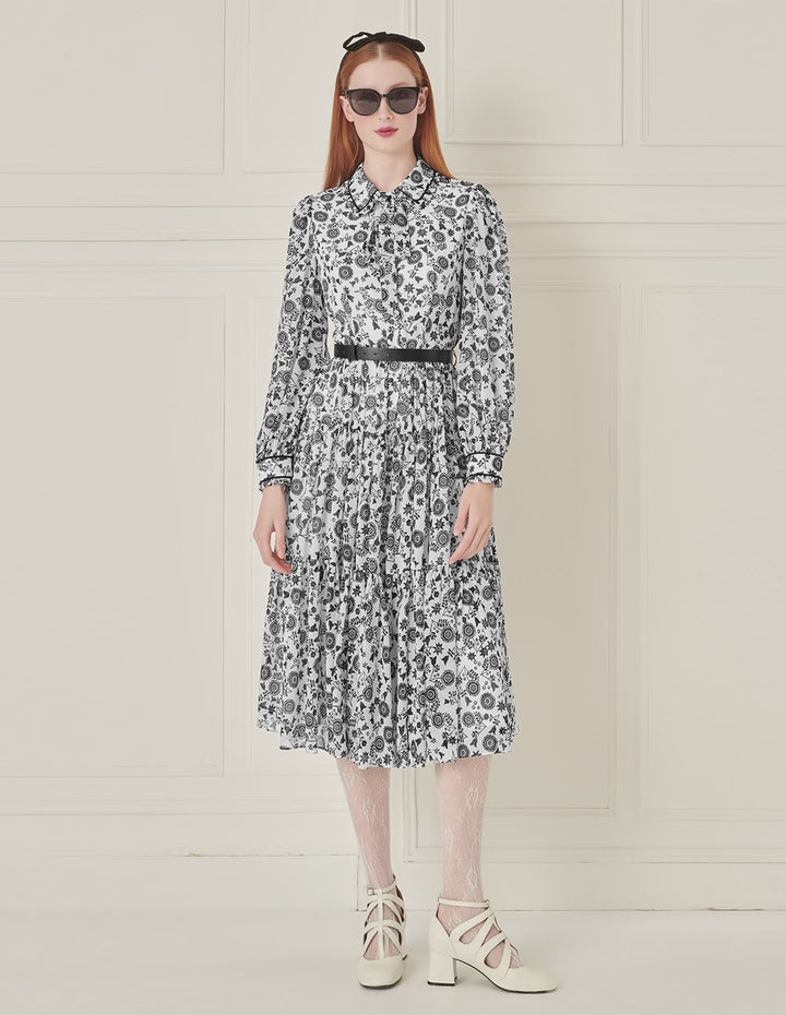 BORA AKSU Retro Lapel Puff Sleeve Printed Belt Dress