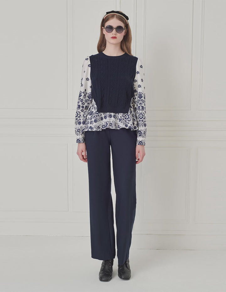 BORA AKSU French Round Collar Knitted Splicing Printed Flower Top