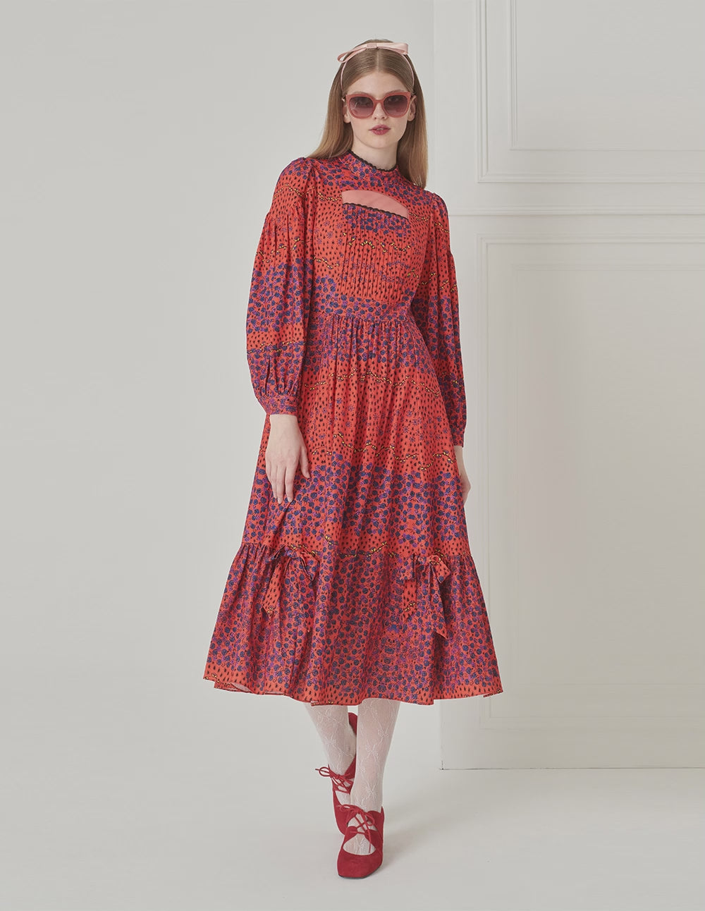 BORA AKSU Puff Sleeve Hollow Stand Collar Floral Dress