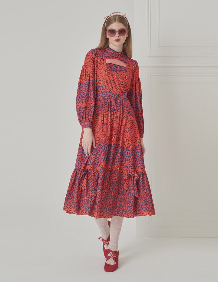 BORA AKSU Puff Sleeve Hollow Stand Collar Floral Dress