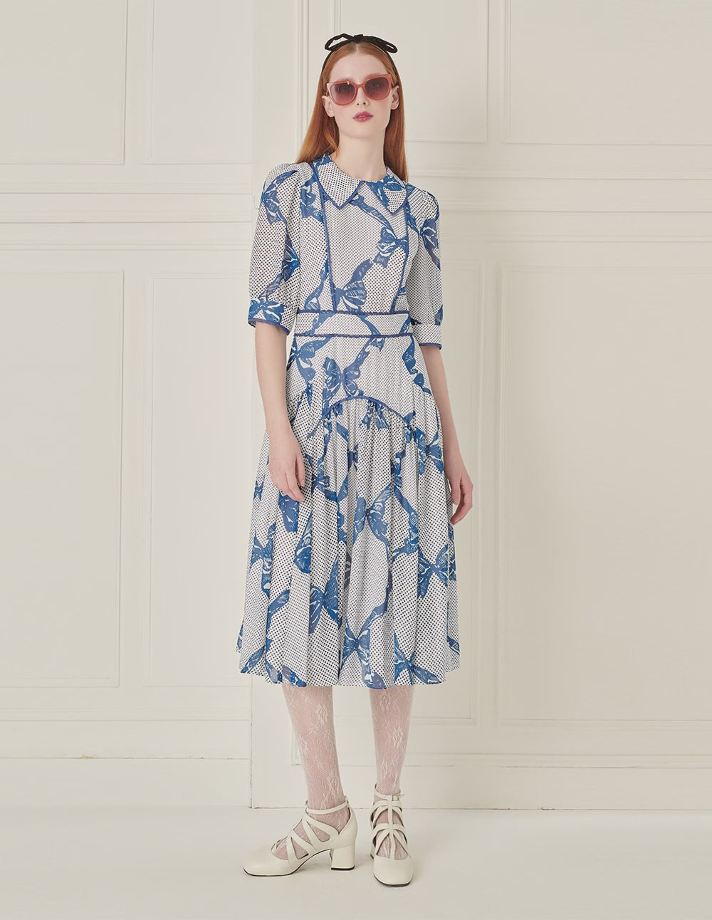 BORA AKSU French Lace-Embellished Bow Print Dress