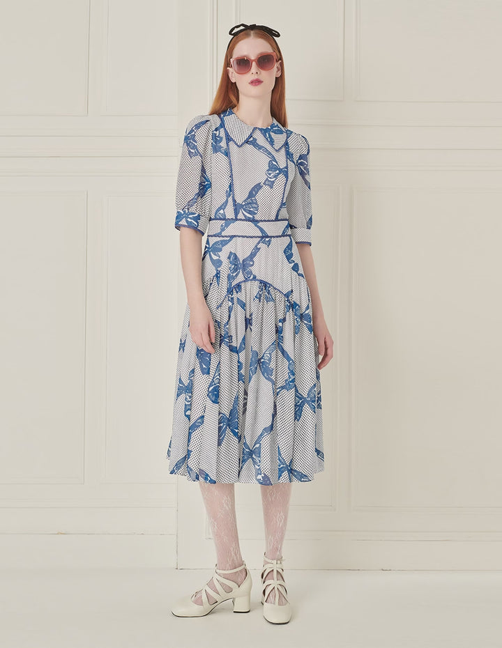 BORA AKSU French Lace-Embellished Bow Print Dress
