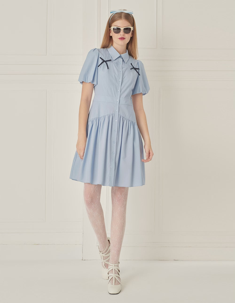 BORA AKSU Puff Sleeve Lapel Bow Pleated Dress