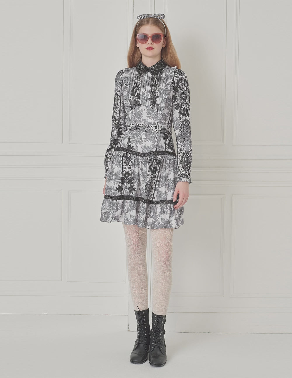 BORA AKSU Peter Pan Collar Puff Sleeve Lace Print Midi Dress