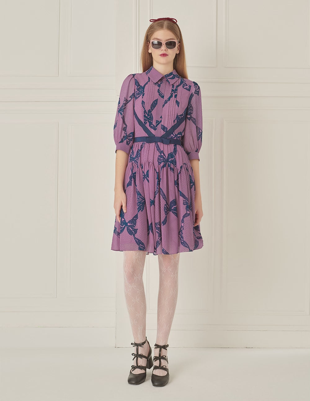 BORA AKSU Puff Sleeve Shirt Collar Bow Print Dress