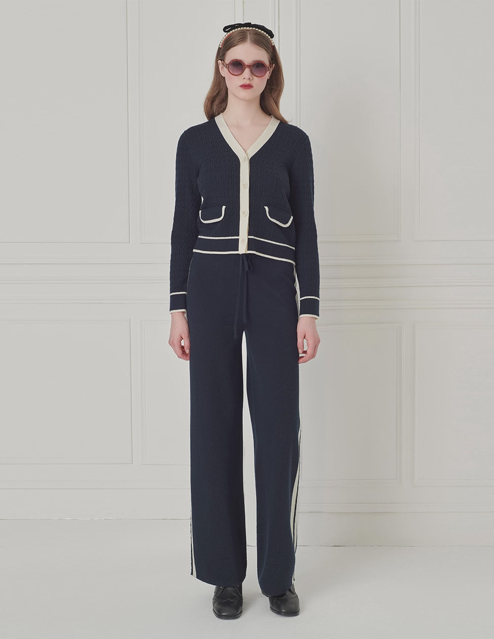 BORA AKSU V-Neck Long-Sleeve Contrasted-Color Button Weave Cropped Wool Cardigan