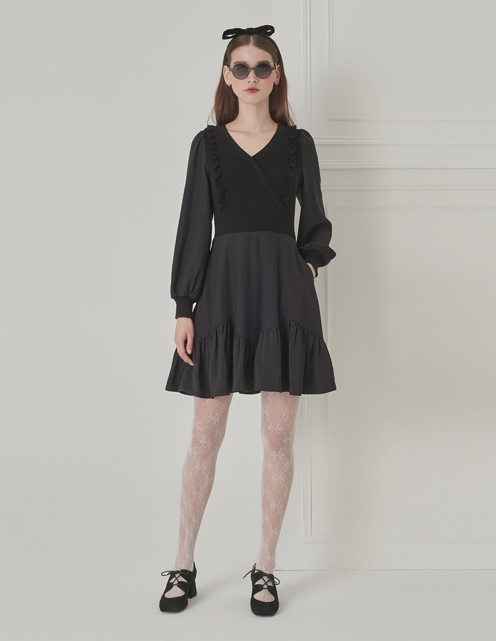 BORA AKSU Puff Sleeve V-Neck Wool Needlepoint A-Line Black Dress