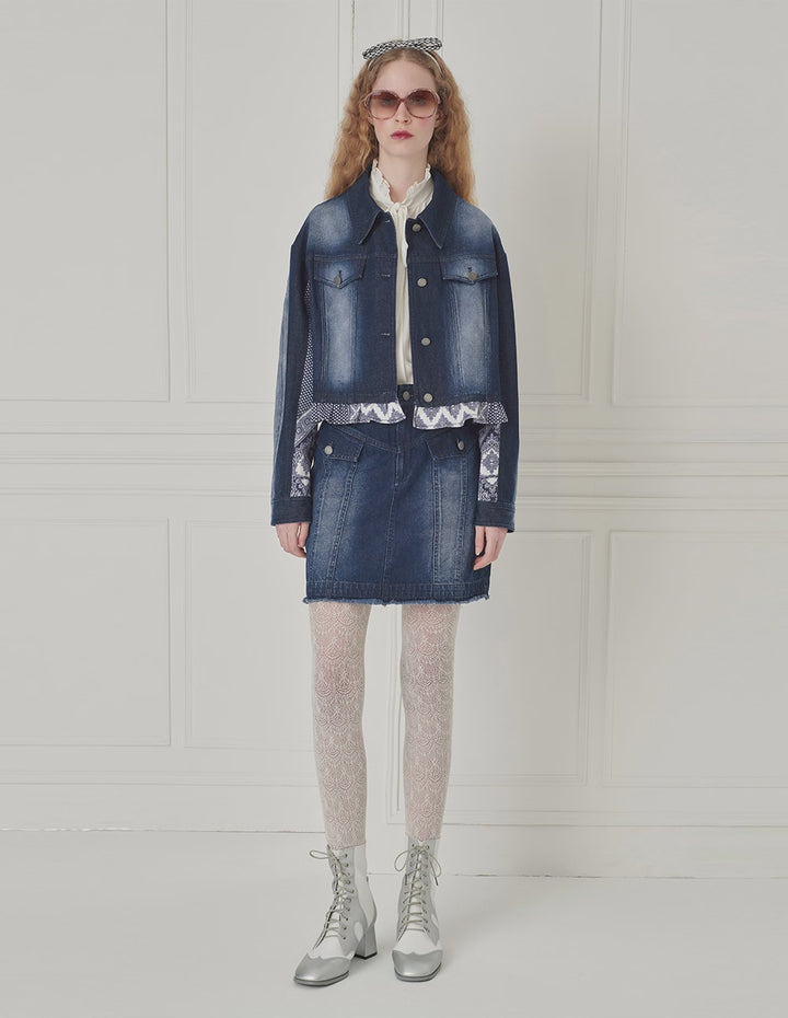 BORA AKSU Versatile Distressed Gradient Washed Blue Three-Dimensional Patch Pocket Denim Skirt