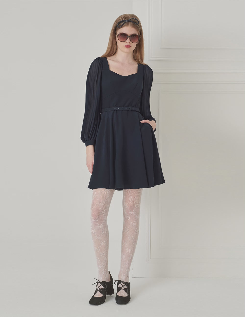 BORA AKSU Elegant Diamond Collar Pleated Stitching Dress