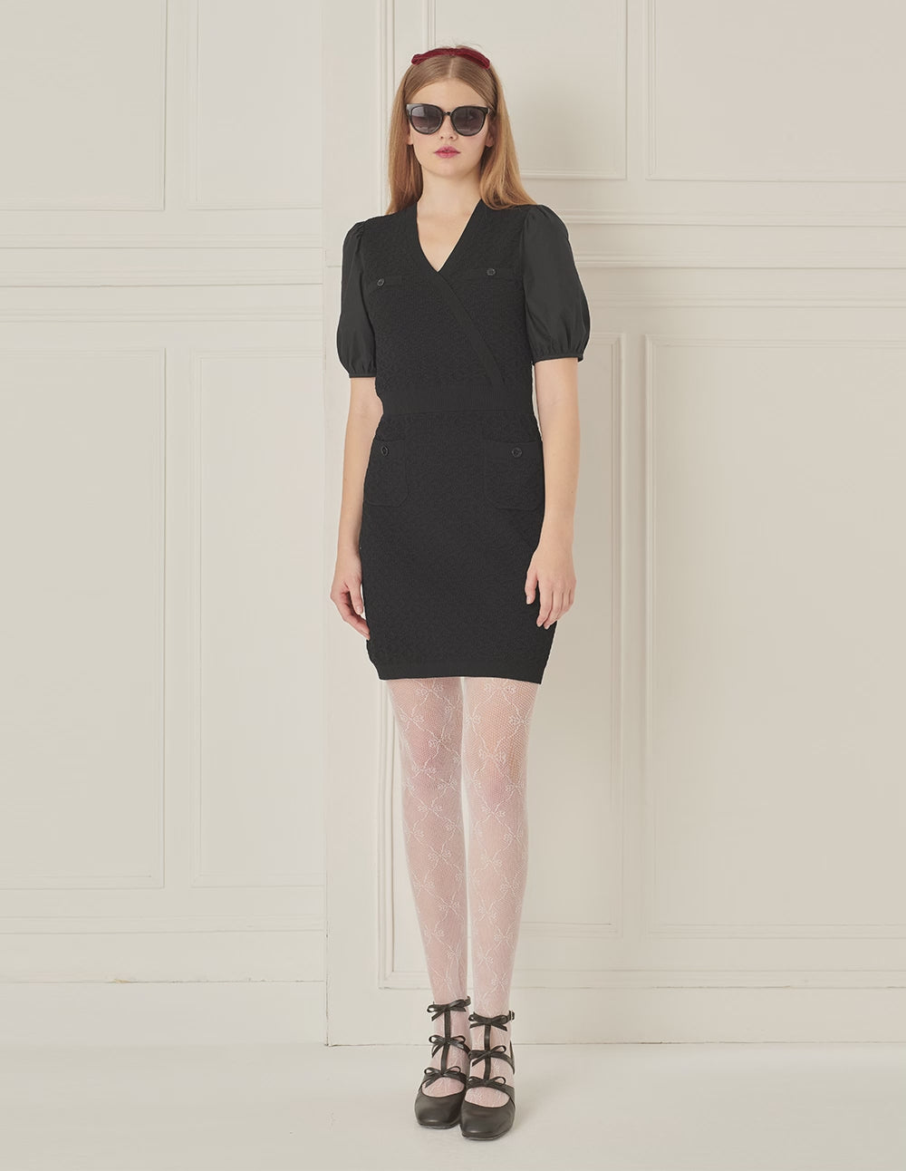 BORA AKSU Simple Puff Sleeve V-Neck Little Black Dress