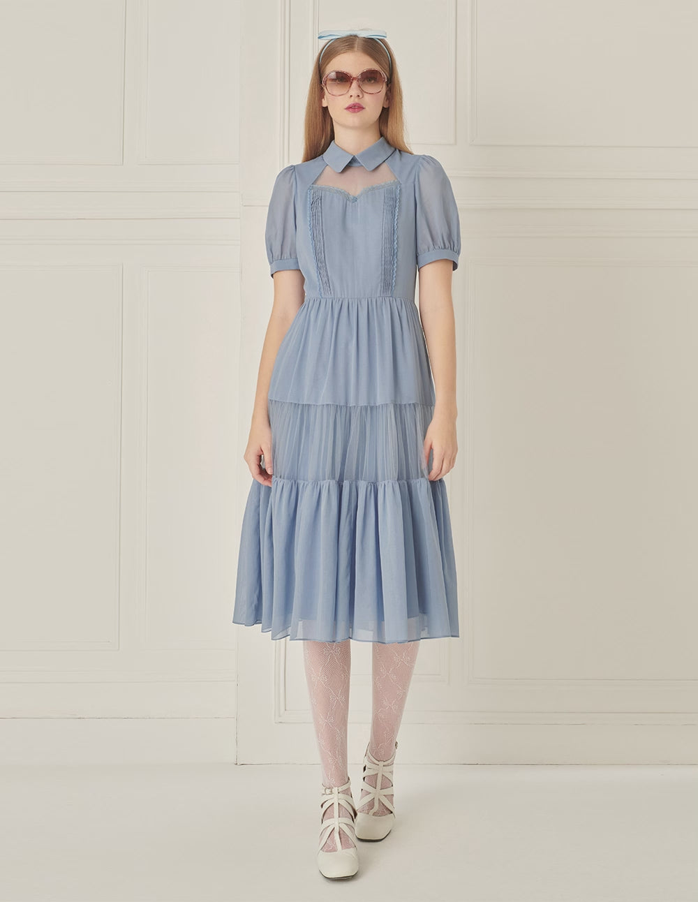 BORA AKSU Puff Sleeve Lapel Pure Cotton Mesh Patchwork Dress