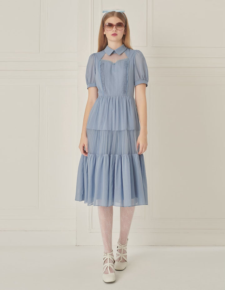 BORA AKSU Puff Sleeve Lapel Pure Cotton Mesh Patchwork Dress