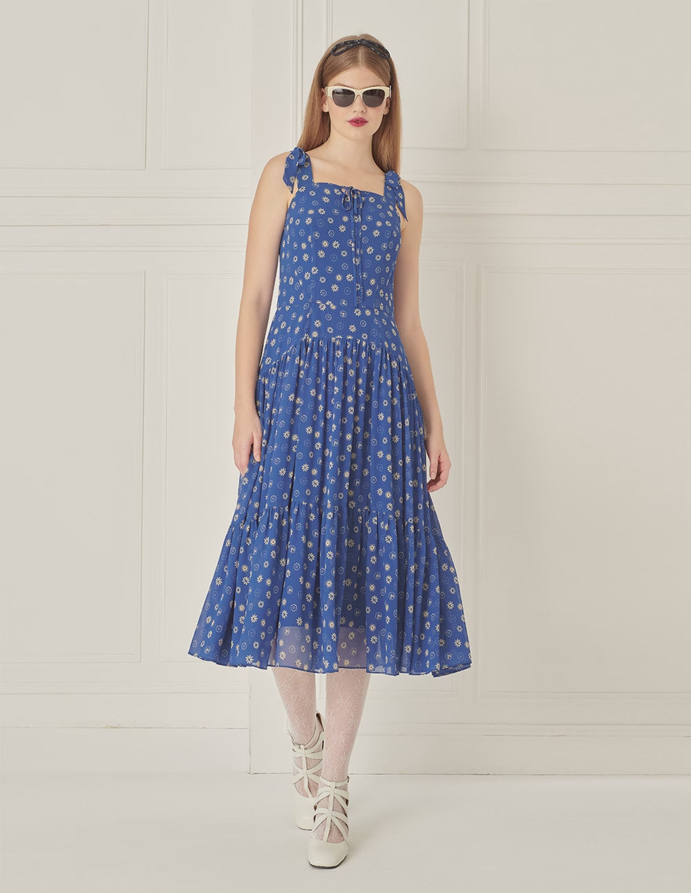 BORA AKSU Bow-Embellished Suspender Pleated Printed Dress